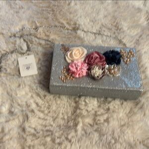 Floral Embellished Silver Clutch